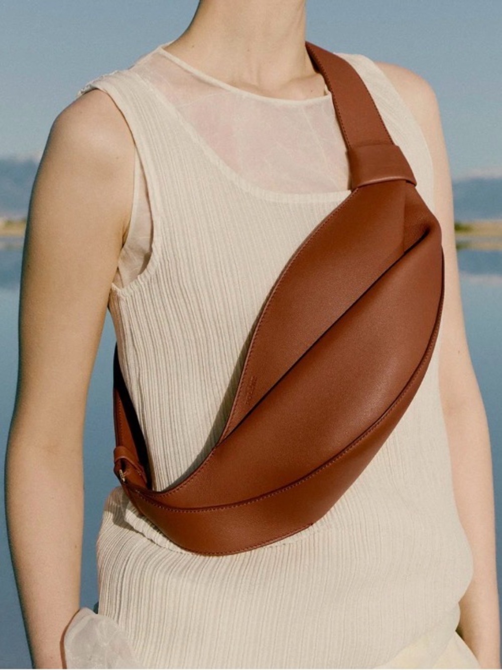 Curved Leather Belt Bag in Warm Cognac
